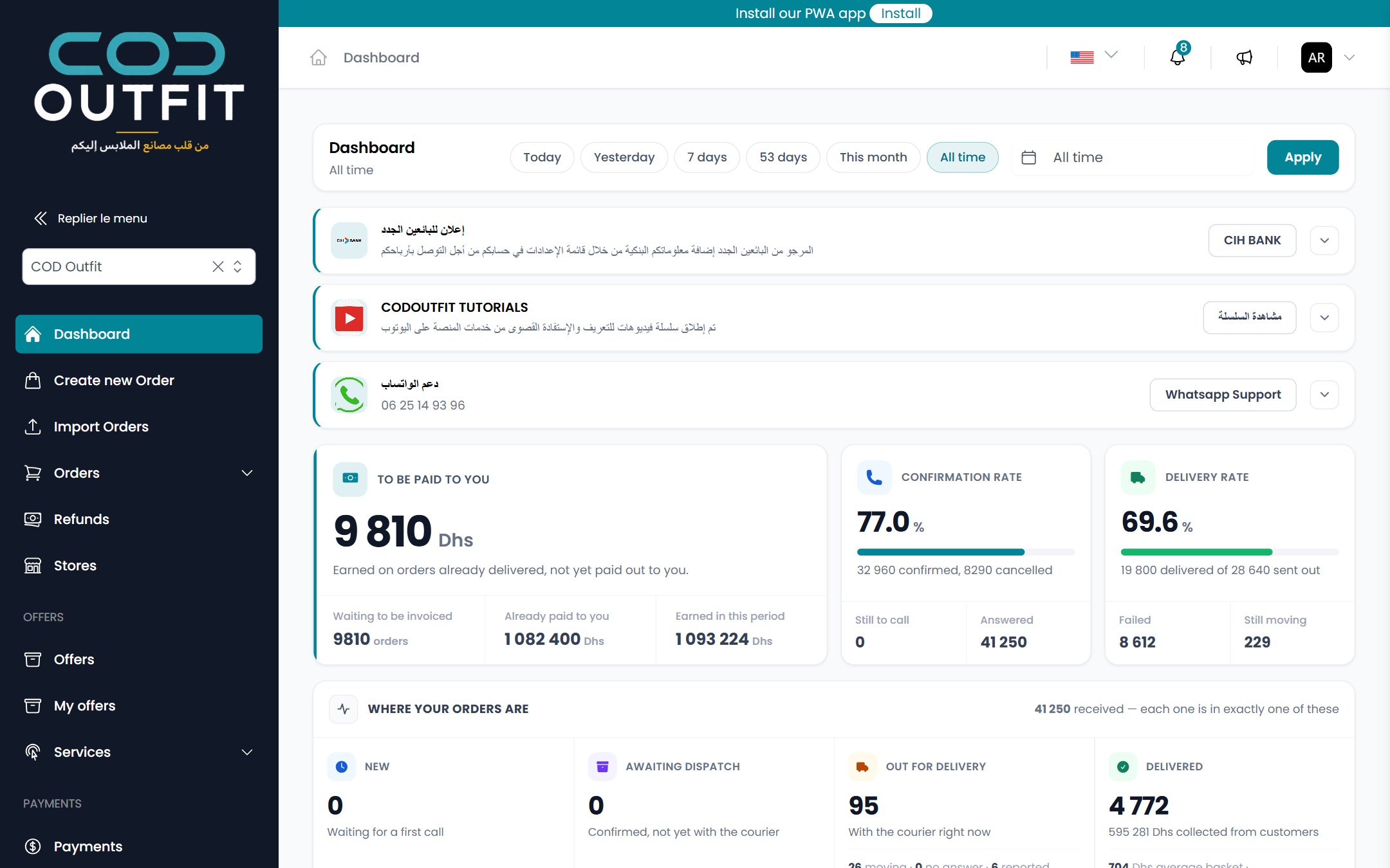 A seller's dashboard: to be paid to you, already paid, confirmation rate, delivery rate