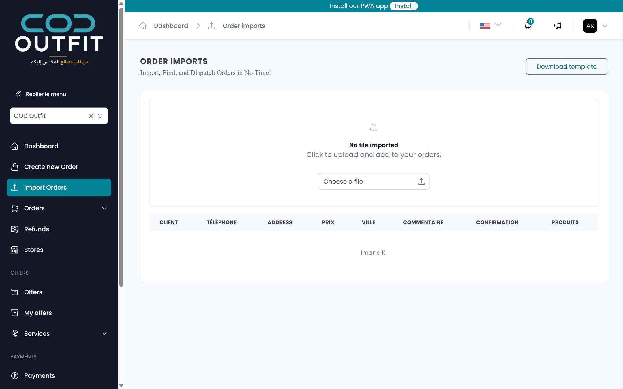 Order imports: upload a spreadsheet of orders