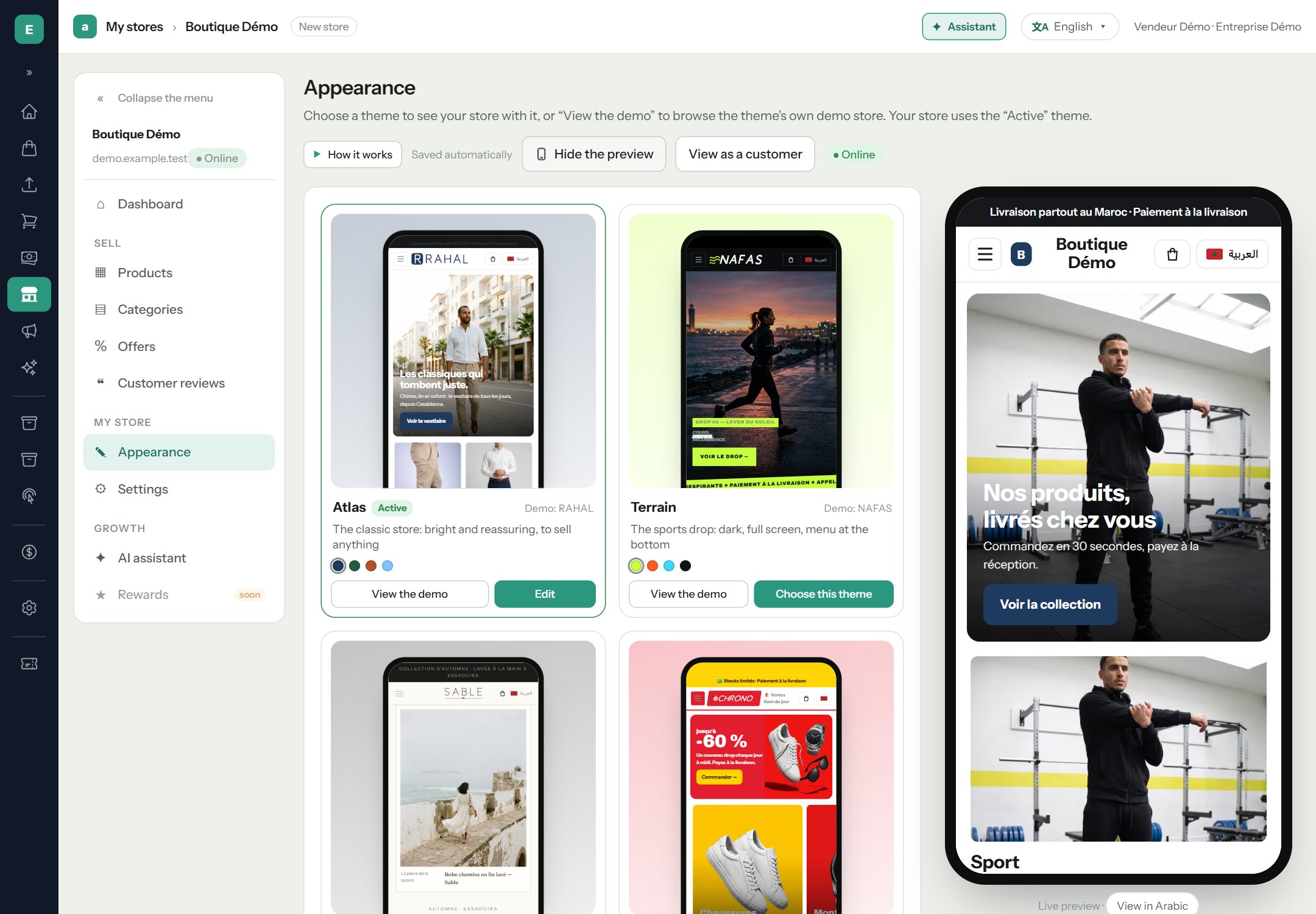 The appearance screen: the theme gallery and the live phone preview
